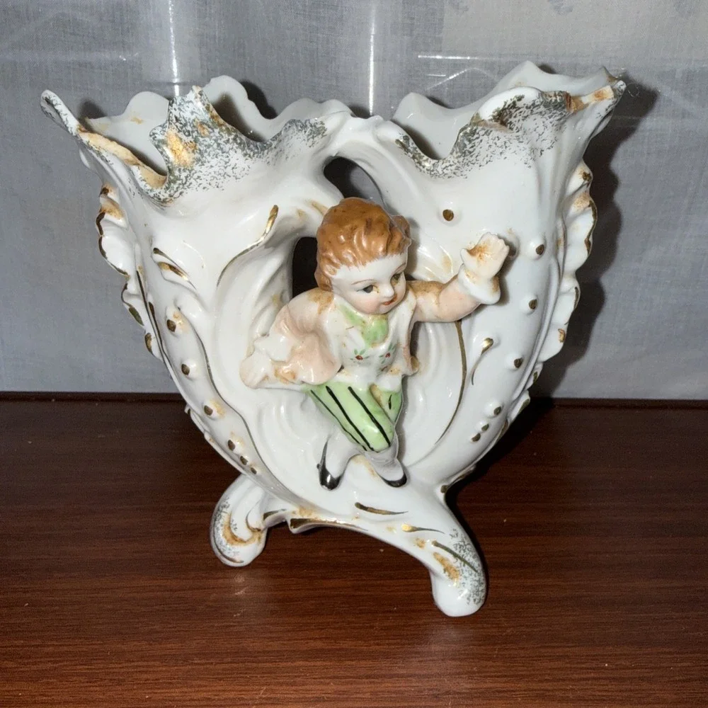 vintage ceramic double vase with boy figure 5.5